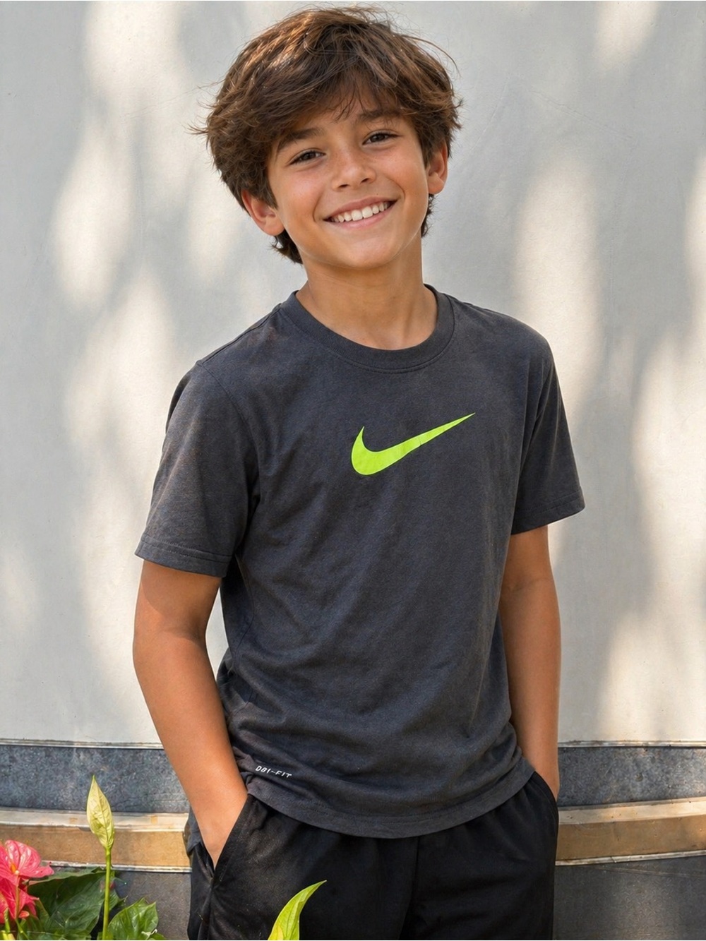 Kids Nike Black Short Sleeve Tee with Neon Green Swoosh